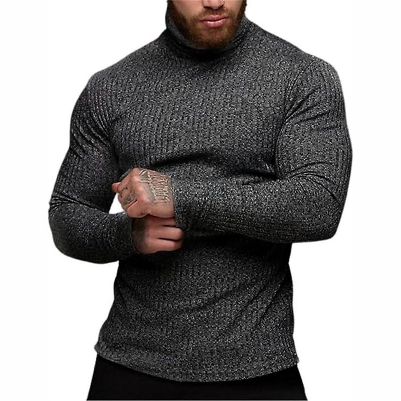 Clearlove Men’s Stretch Muscle Fit Turtleneck Long Sleeve Knit T-Shirt Slim Casual Essential Dark gray XXL