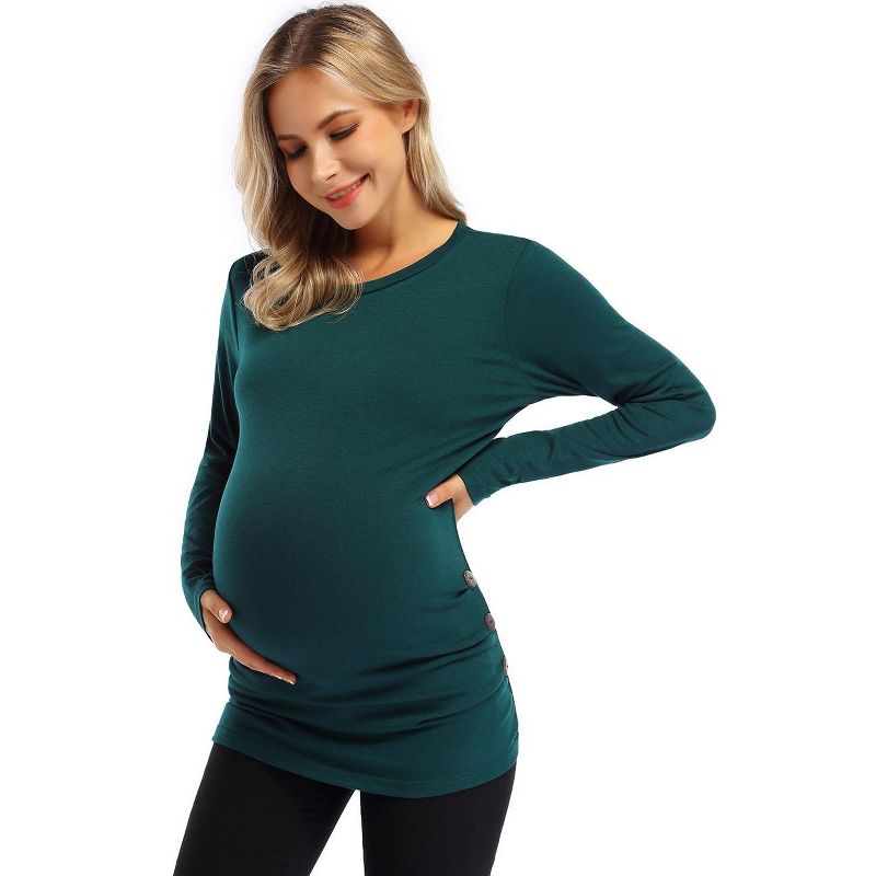 BLUEMING Womens Maternity Shirts Long Sleeve Crew Neck Basic Tank Tops Side Buttons Pregnant Shirts , Dark Green - M