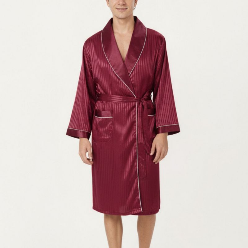 Anna-Kaci Lounge Men's Satin Robe with Subtle Stripe Texture Contrast Trim and Waist Tie- Small, Burgundy