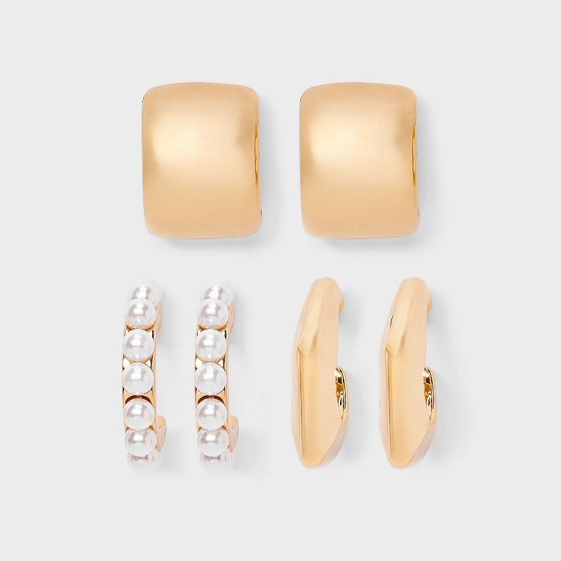 Hoop Earring Set 3pc - A New Day™ Pearl/Gold: Nickel-Free Metal, Post Closure, 0.7" Length