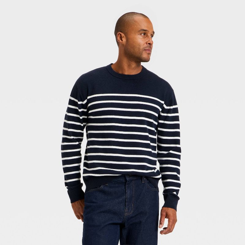 Men's Soft Knit Crewneck Sweater - Goodfellow & Co™ Navy/Cream Striped M