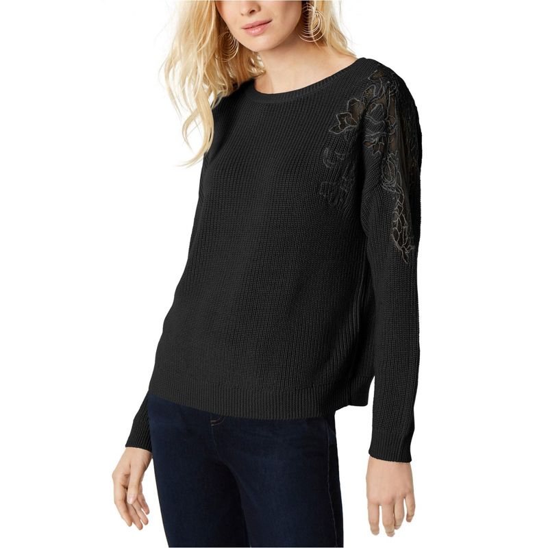 I.N.C International Concepts Womens Lace Shoulder Pullover Sweater, black, Small