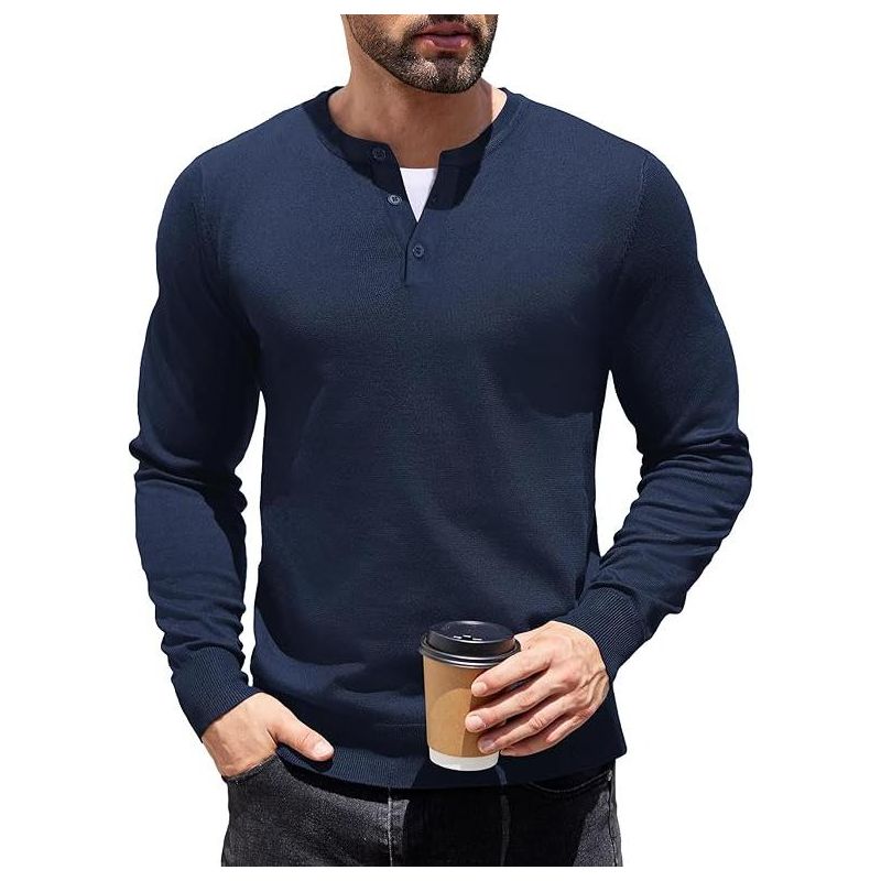 COOFANDY Mens Knit Henley T-Shirts Dress Long Sleeve Sweater Casual Collarless Quarter Button Pullover Navy Blue XL