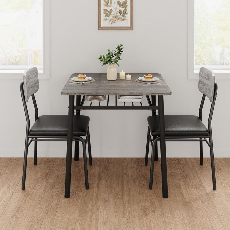 3-Piece Wood Dining Set for 2 - Square Kitchen Table with Upholstered Chairs & Storage Rack,Metal Legs Support,Grey