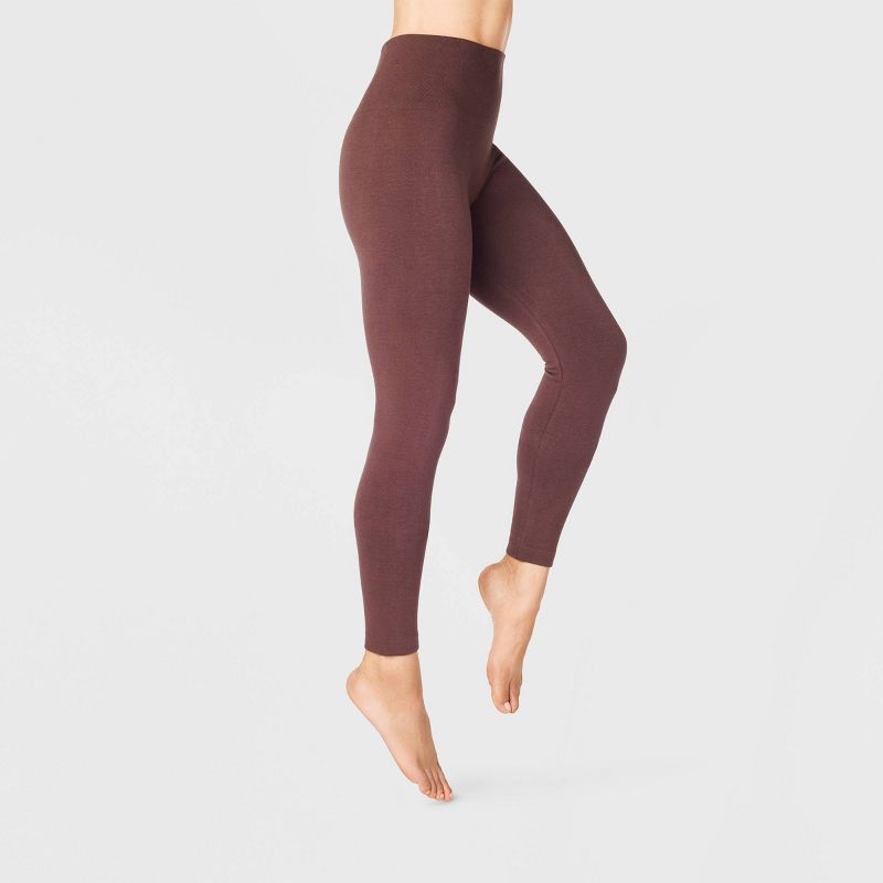 Women's High Waist Cotton Seamless Fleece Lined Leggings - A New Day™ Brown L/XL
