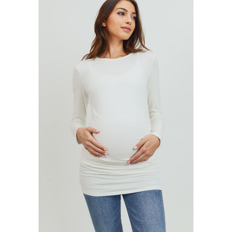 Hello Miz Women's Casual Crewneck Long Sleeve Side Ruched Maternity Top - Ivory - Medium