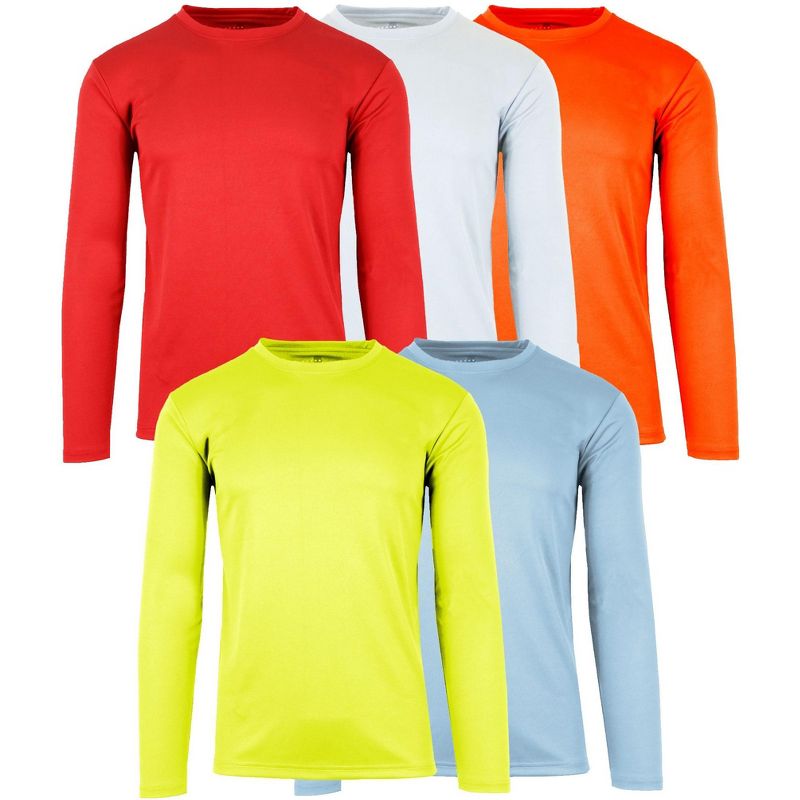 Galaxy By Harvic Men's Long Sleeve Moisture-Wicking Quick Dry Performance Crew Neck Tee- 5 Pack