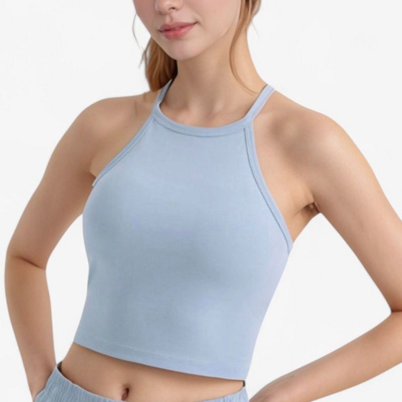 Anna-Kaci Active Women's High Neck Cropped Tank Top with Racer Style Straps and Seamless Fit for Active and Casual Wear - Large, Light Blue