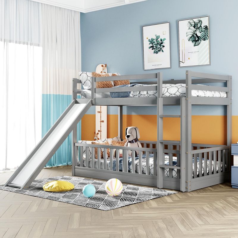 TiramisuBest Twin Over Twin Bunk Bed with Slide and Ladder, Gray,Fun & Space-Saving Kids Bedroom Furniture