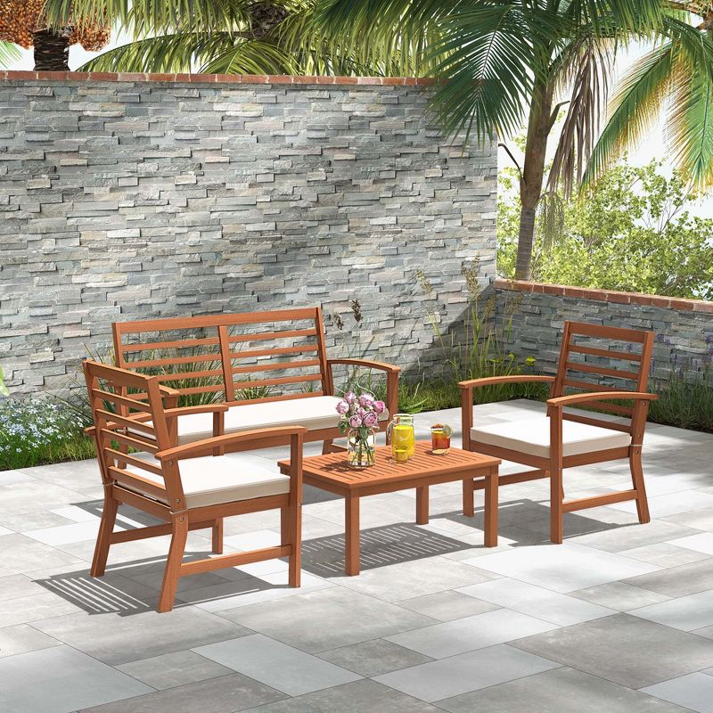 Costway 4 PCS Outdoor Furniture Set with Soft Seat Cushions Stable Acacia Wood Frame White