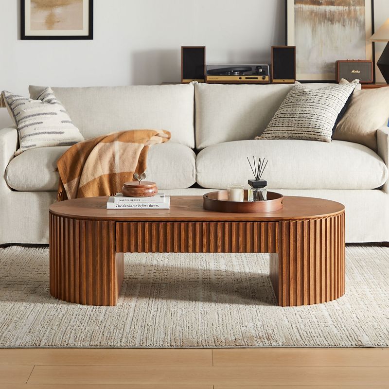 LOVSON 51.18'' Oval Wood Coffee Table With Drawer Mid Century Modern Coffee Table Unique Coffee Table for Living Room Furniture, Tea Table Brown