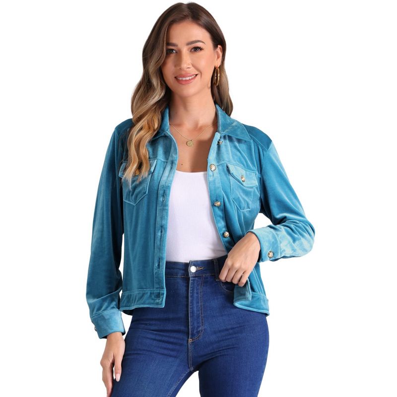 Allegra K Women's Velvet Button Up Long Sleeve Crop Jacket Peacock Blue Large