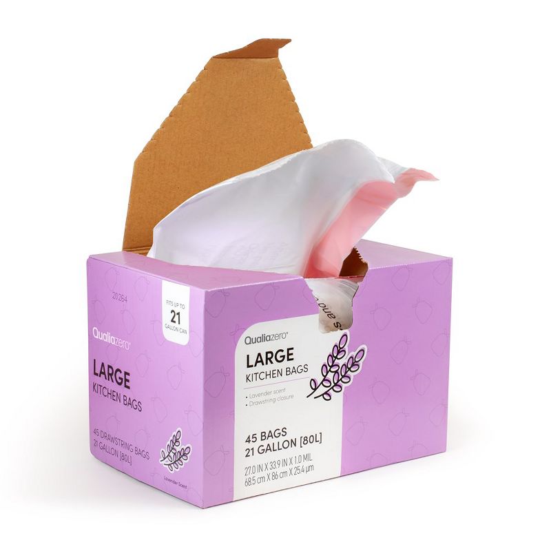 QUALIAZERO 21 GAL / 80L TRASH BAGS, LAVENDER SCENTED, 45 COUNT