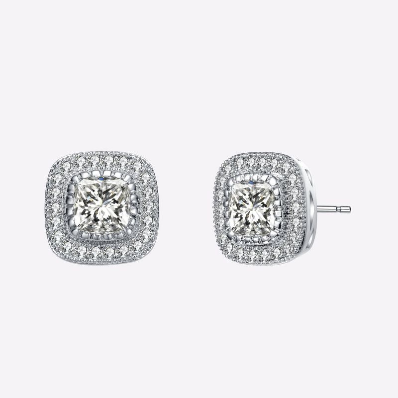 Guili White Gold Plated with Cubic Zirconia Cushion Halo Cluster Milgrain Stud Earrings Featuring Elegant Sophisticated Jewelry Design