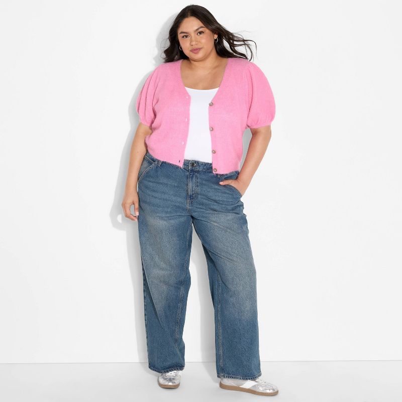 Women's Puff Short Sleeve V-Neck Cardigan - Wild Fable™ Rose Pink 3X