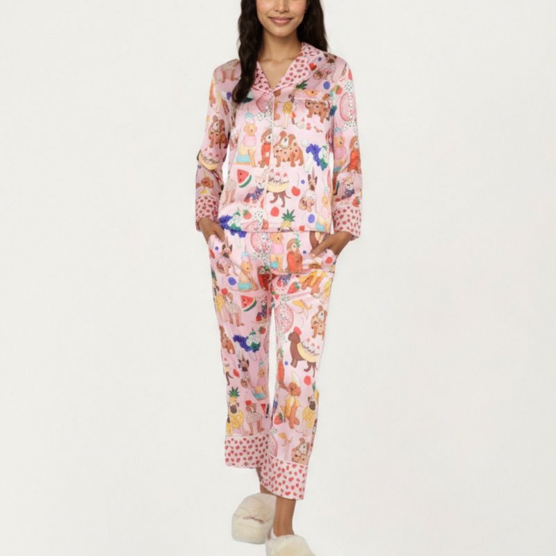 Anna-Kaci Lounge Women's 2-Piece Set Button Front Pajama Set with Playful Dog Print and Soft Silky Fabric for Relaxed Comfort - Medium, Pink