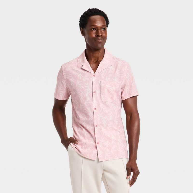 Men's Short Sleeve Button Up Camp Collar Shirt- All In Motion™ Pink M