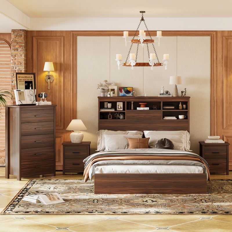 4-Piece Bedroom Set, Wooden Queen Bed Frame with Storage Headboard, Charging Station, Nightstands & Dresser, Walnut - ModernLuxe