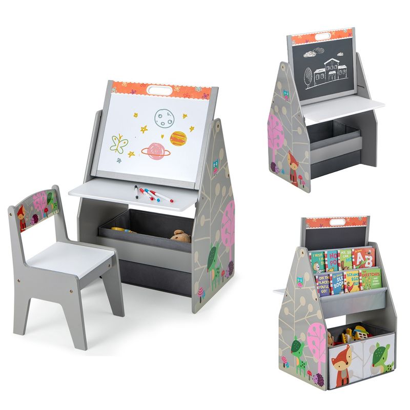 Costway Kids Table & Chair Set with Rotatable Double-sided Magnetic Blackboard & Whiteboard Grey
