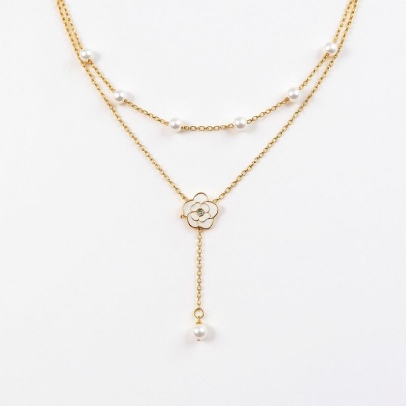 Alilang Layered Chain Necklace with Delicate Pearl Accents and Open Petal Floral Pendant Featuring a Droplet Charm Detail - Gold