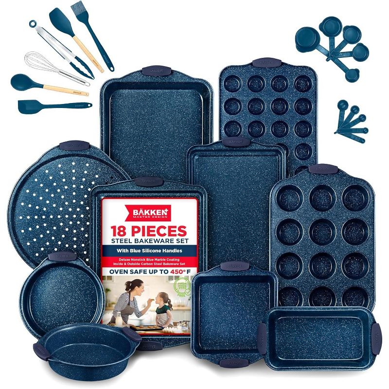 BAKKEN Kitchen Baking Pan Set - Nonstick Coating, Carbon Steel Bakeware Sets with Blue Silicone Handles, Oven Safe Tray (Up To 450° F), Set of 18