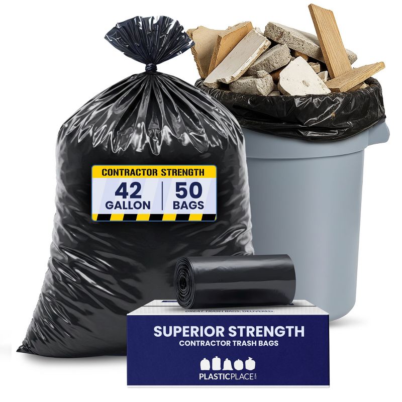 Plasticplace 42 Gallon Contractor Trash Bags, Black (50 Count)