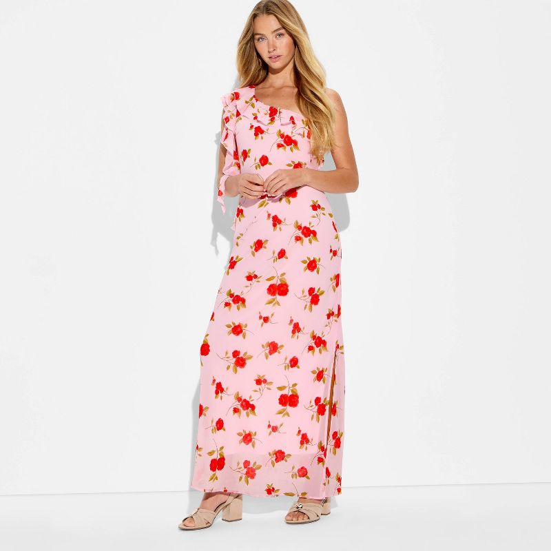 Women's Ruffle One Shoulder Midi Bodycon Dress - Wild Fable™ Pink Floral M