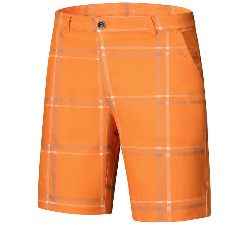 Lars Amadeus Men's Plaid Checked Pattern Regular Fit Flat Front Dress Shorts Orange 28