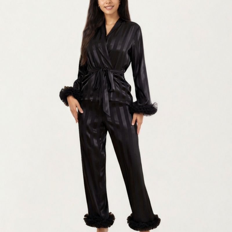 Anna-Kaci Lounge Women's 2-Piece Set Satin Wrap Long Sleeve Feather Trim Top and Straight Leg Pants - Medium, Black