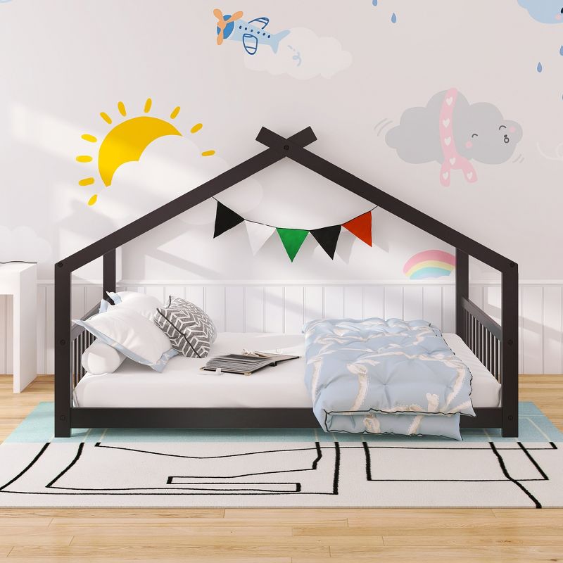 VASIP Full Size House Bed Frame for Kids - Solid Wood Toddler Bed with Playful Design, Espresso Children's Bedroom Furniture