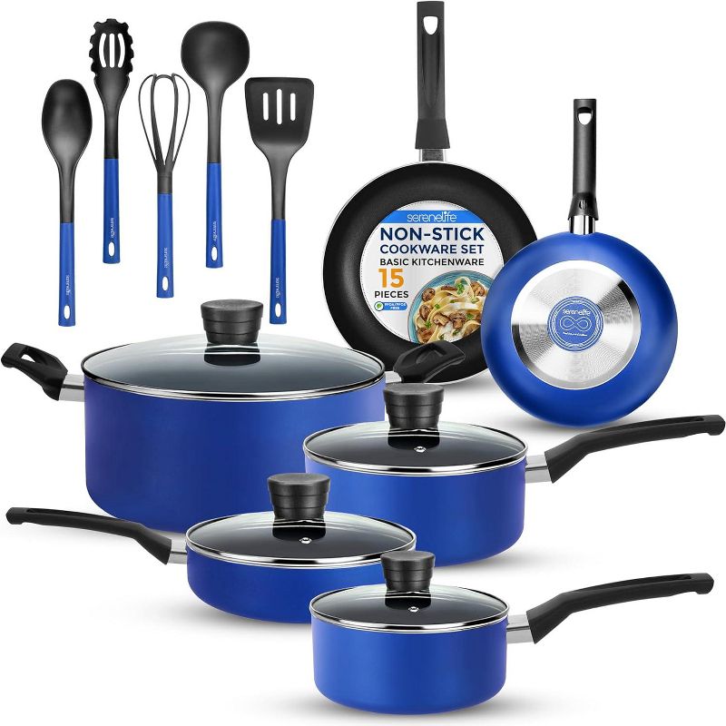 SereneLife Home Kitchen Cookware Set – 15-Piece Non-Stick Pots & Pans Set with Heat Resistant Lacquer Finish