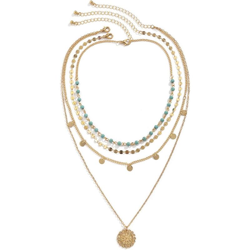 Women Bohemian Coin Pendant Necklace Gold Layered Turquoise Multi Strand Boho Long Necklace Jewelry