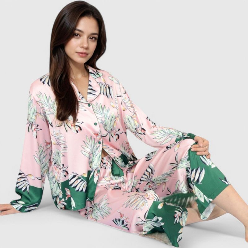 Anna-Kaci Lounge Women's Floral Satin Pajama Set with Button-Up Long Sleeve Top and Matching Pants - Medium, Pink