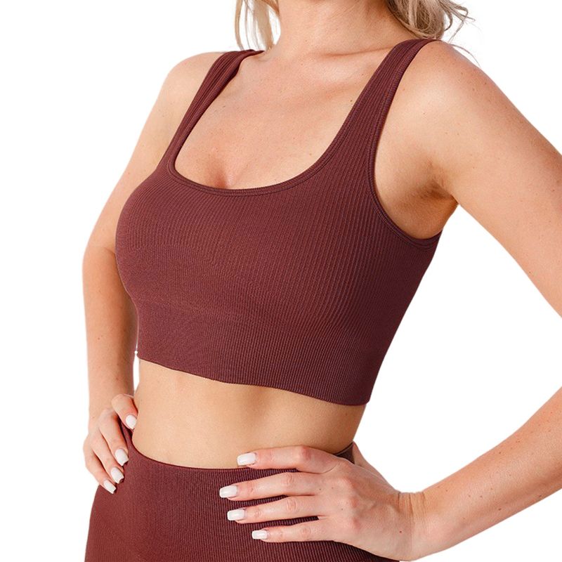 Dexmalle XL Size Coffee Yoga Basic Ribbed Knit Crisscross Back Crop Sports Tank Top