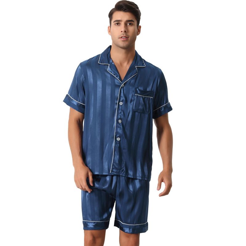 cheibear Men Satin Button Down Striped Short Sleeve and Shorts Pajama Set Medium Blue