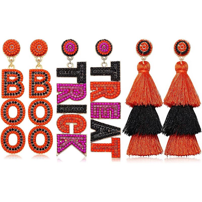 Beaded Halloween Earrings Set for Women - Cute 'Boo' Ghost, Pumpkin and Candy Corn Dangle Jewelry for Party
