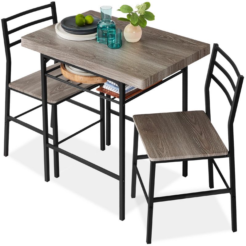 Best Choice Products 3-Piece Modern Dining Set, Square Table & Chairs Set w/ Steel Frame, Storage Rack - Gray/Black