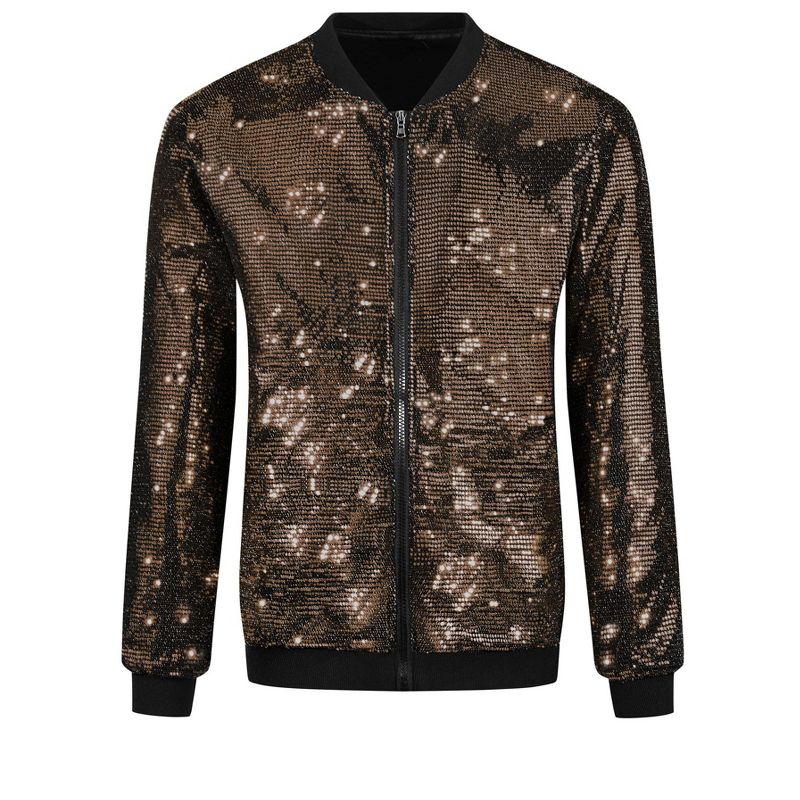 Lars Amadeus Men's Zip Up Long Sleeves Disco Sparkle Sequin Bomber Jacket Golden Large