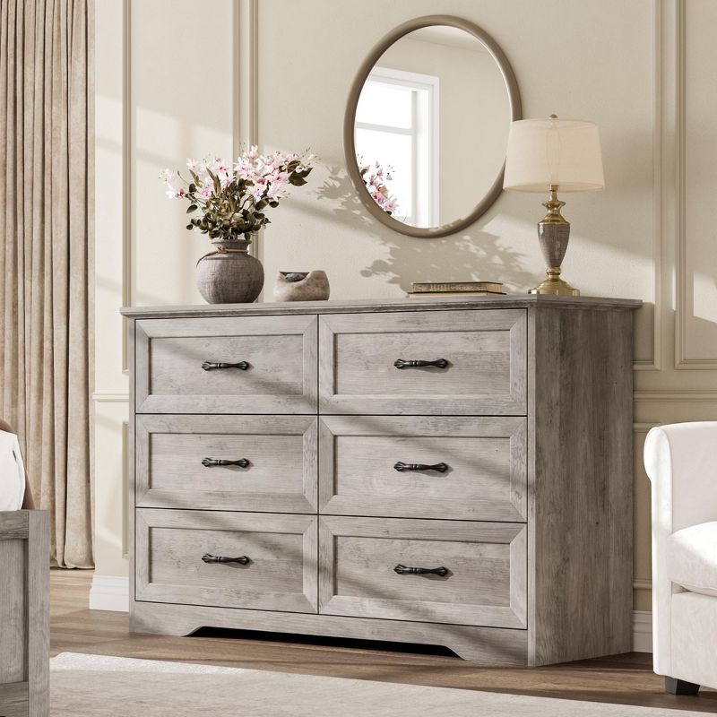 47.2" Wide Farmhouse 6 Drawer Dresser, Wooden Horizontal Storage Chest with Metal Handles & Stable Base for Bedroom Living Room, Gray