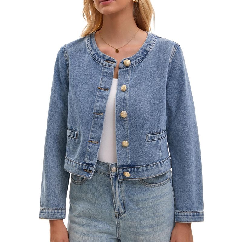 INSPIRE CHIC Women's Crew Neck Denim Long Sleeve 2026 Button Down Cropped Jean Jackets Large Sky Blue