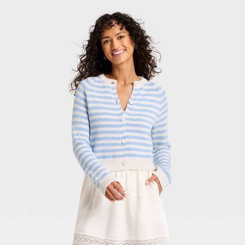 Women's Crewneck Cotton Cardigan - Universal Thread™ Blue Striped XS