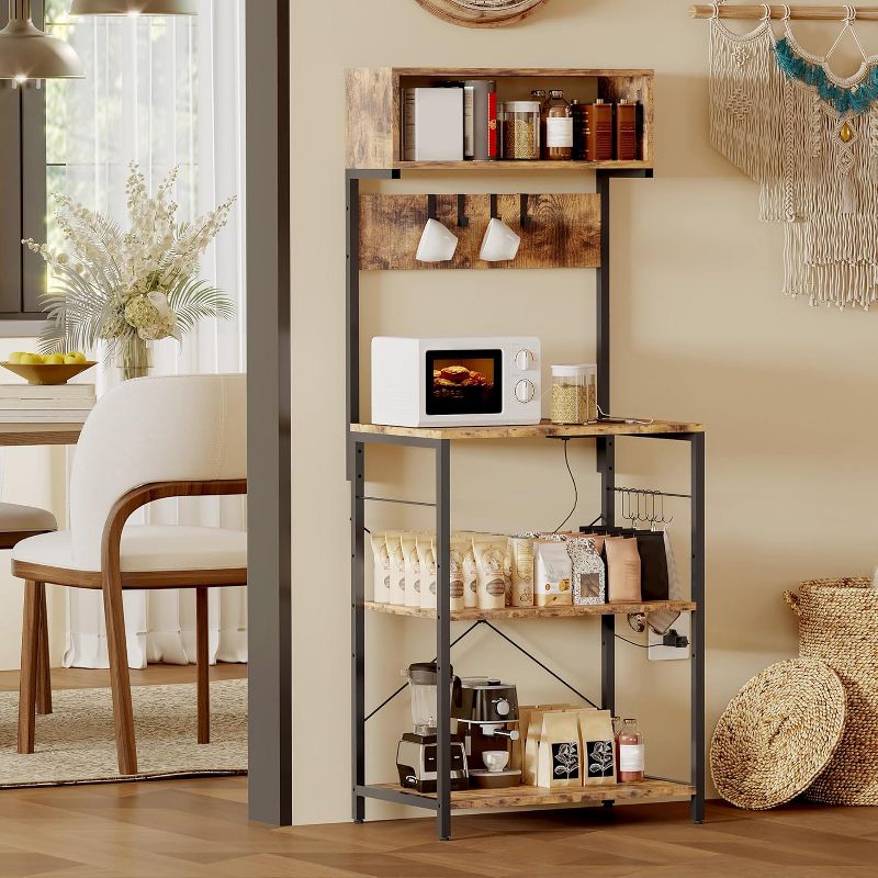 Acekool 4-Tier Baker’s Rack with Power Outlets, Kitchen Microwave Stand, Storage Shelf with Hooks, Coffee Bar Organizer