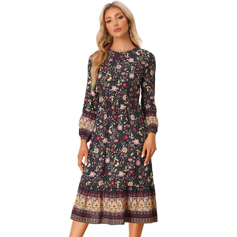 Allegra K Women's Boho Floral Elastic Waist Flowy Long Sleeves Midi Dress Medium Black