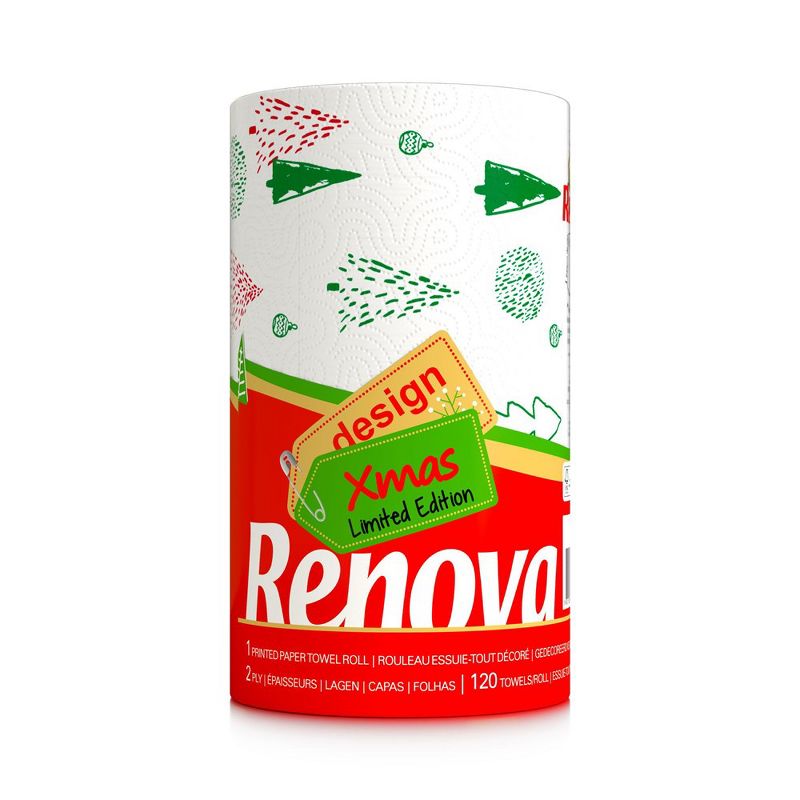 Renova Christmas Paper Towel Pack - 1 Roll - 120 Sheets - 2 Ply - FSC Certified - Festive Holiday Design