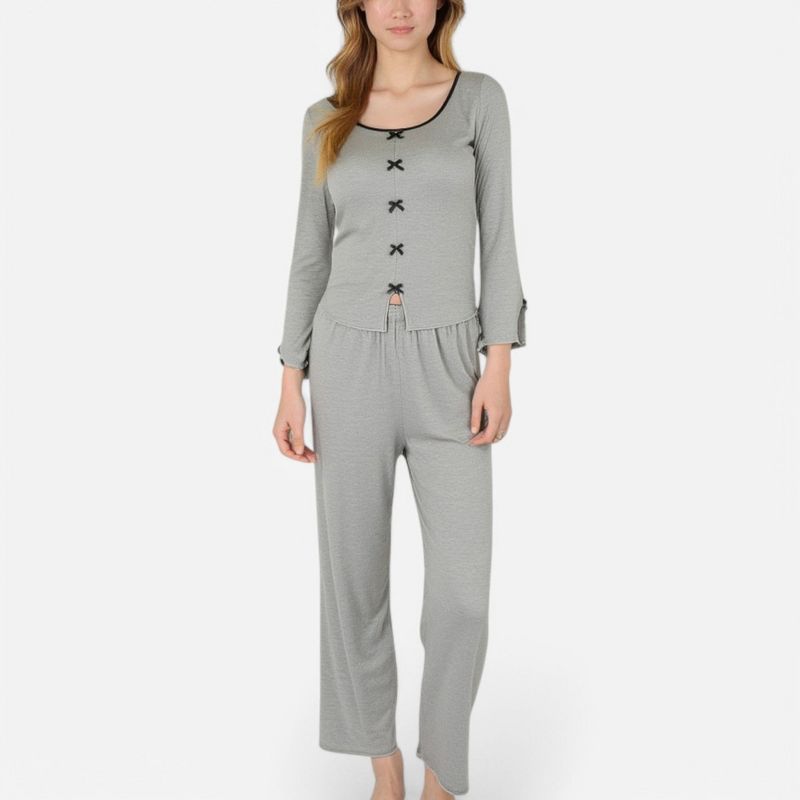 Anna-Kaci Lounge Women's Pajama Set with Decorative Bows and Soft Wide Leg Pants - Medium, Gray
