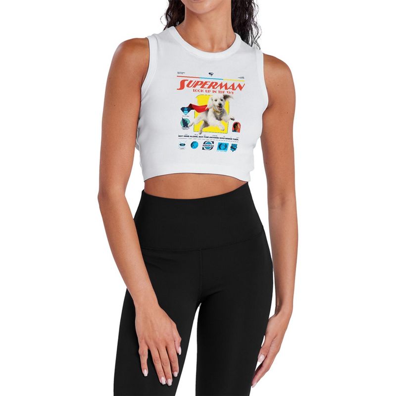 Women's Superman 2025 Krypto Comic Sleeveless Crop Top Tank, White, X Large