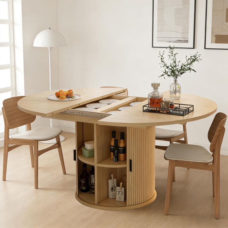 Vipbear 63'' Extendable Round Kitchen Dining Room Table with 2-Tier Storage Shelf, Wood Oval Circle Dinner Furniture with Pedestal Base, Natural Oak