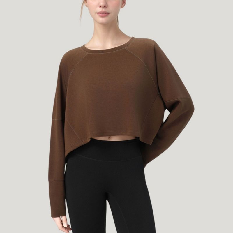 Anna-Kaci Active Women's Cropped Long Sleeve Active Top with Relaxed Fit and Crew Neck Design - Medium, Brown