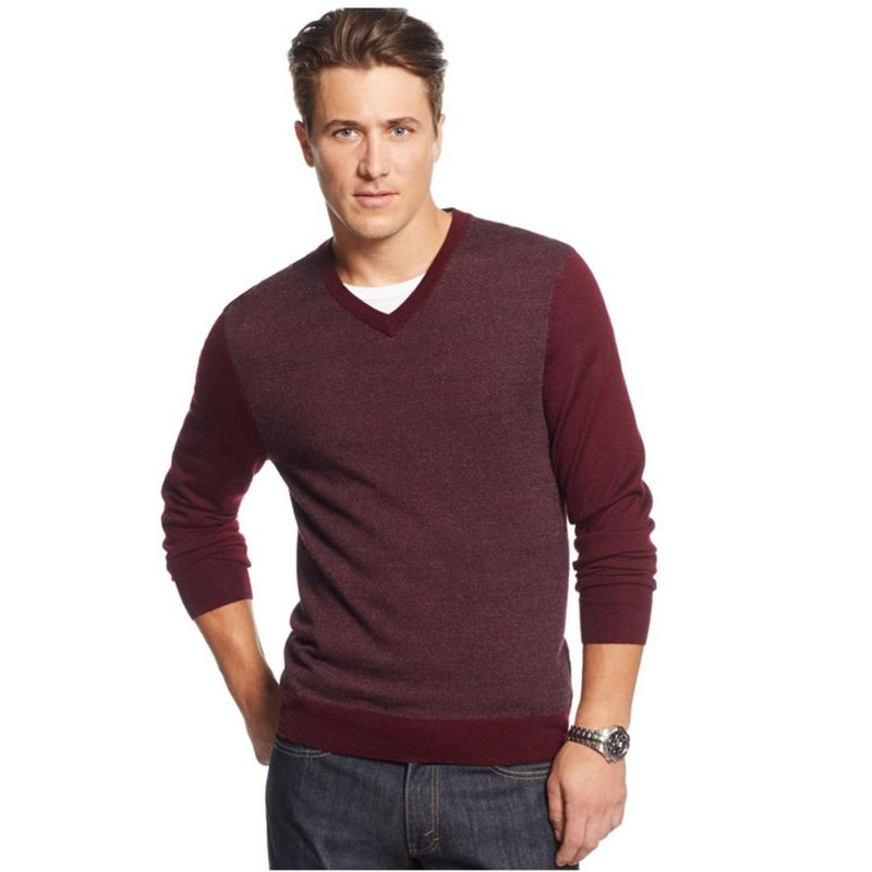 Club Room Mens Merino Wool Herringbone Jacquard Pullover Sweater, redplum, Big 3X