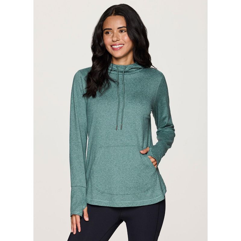 RBX Active Women's Legging Friendly Buttery Soft Stretch Jersey Adjustable Hood Long Sleeve Top with Thumbholes, Pocket - Arctic,L